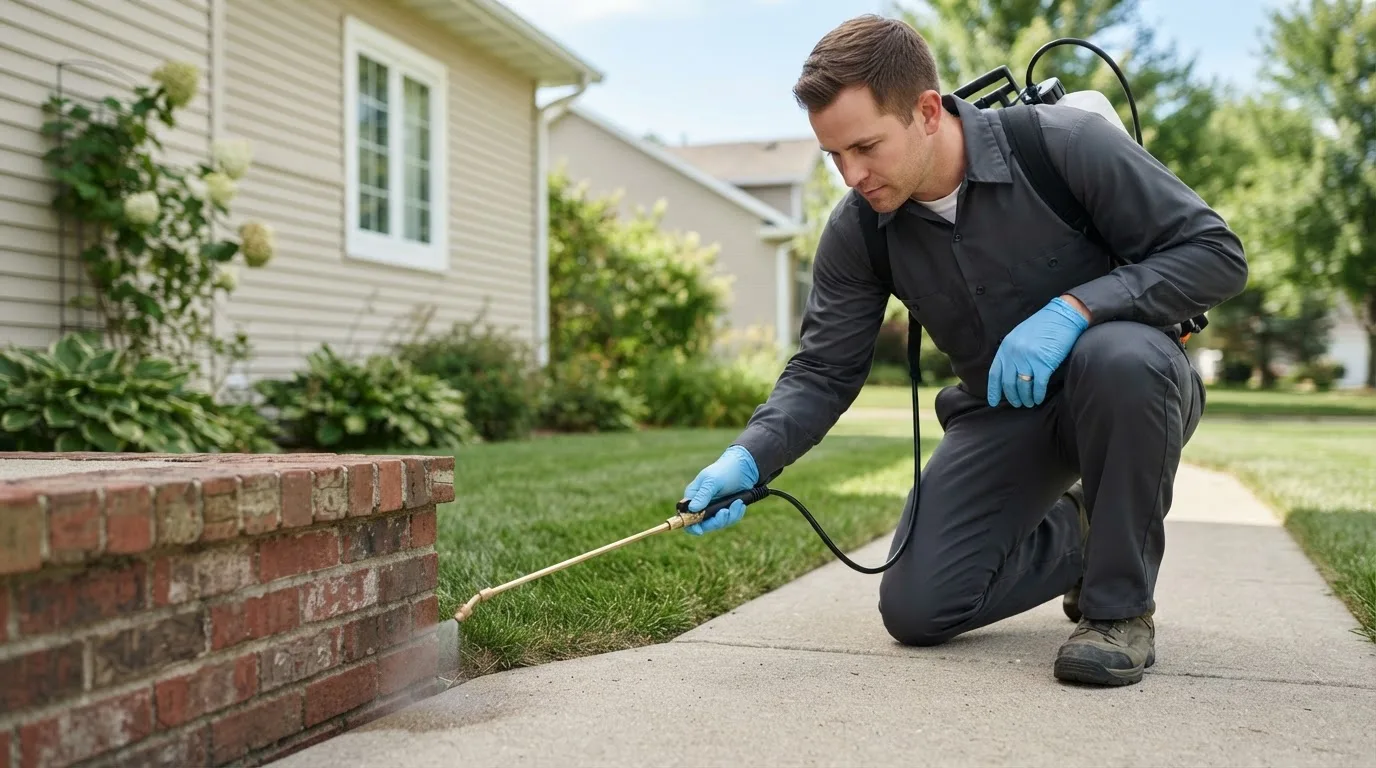 Pest control technician treating a home near Mission, KS